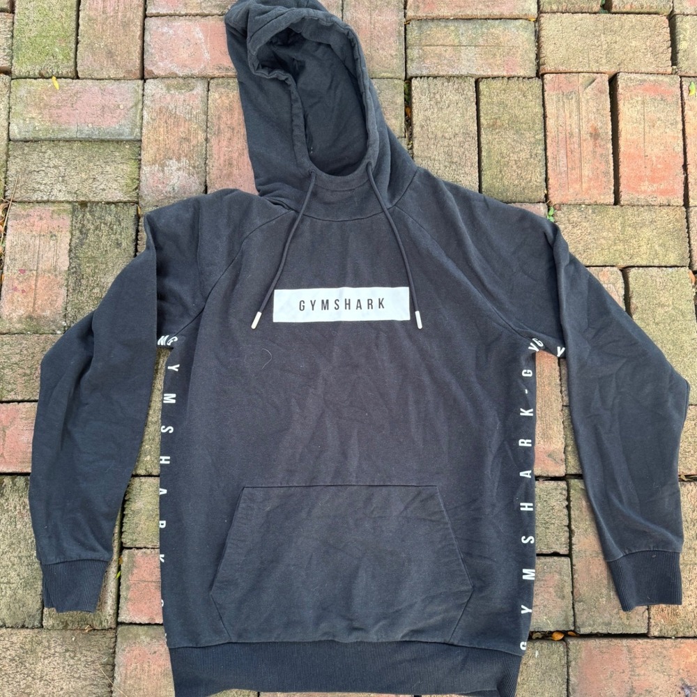 Gymshark Mens Black Box Logo Pullover Hoodie Raglan Sleeve Sweatshirt Size M - Picture 1 of 5